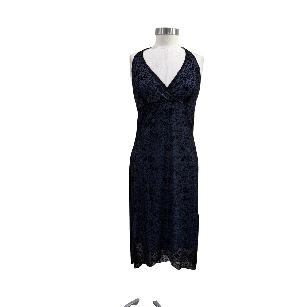 Byer California Vintage Y2K Burnout Velvet Halter Dress Black Blue Floral Large